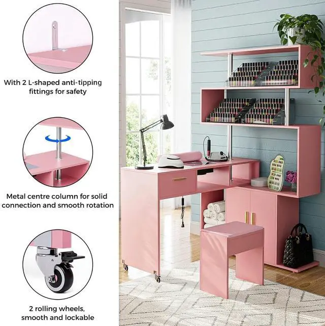 Alt view image 7 of 7 - Manicure Table Nail Desk with Stool, L-Shaped Nail Tech Desk with Dust Collector, Two-Way Drawer, Cabinet & Storage Shelves, Rotating Reversible Manicure Workstation on Wheels (Pink)