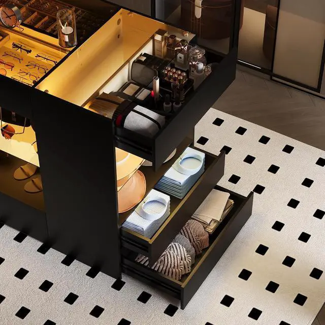 Alt view image 7 of 7 - Modern Closet Island with 10 Drawers, LED Wardrobe Armoire Island with Glass Top, Luxury Walk-in Closet Island Storage Cabinet with Display Shelf for Cloakroom, Dressing Room (Black)