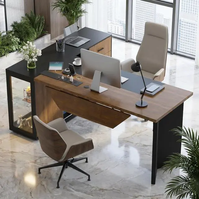 Alt view image 4 of 7 - 74.4" L-Shaped Executive Desk w/ Power Outlets & Glass Display Cabinet, Large Office Desk w/ 3 Drawers & File Cabinet, Corner Computer Desk Business Workstation for Home Office (Black + Dark Wood)