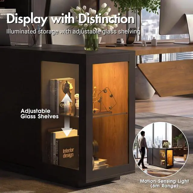 Alt view image 6 of 7 - 74.4" L-Shaped Executive Desk w/ Power Outlets & Glass Display Cabinet, Large Office Desk w/ 3 Drawers & File Cabinet, Corner Computer Desk Business Workstation for Home Office (Black + Dark Wood)