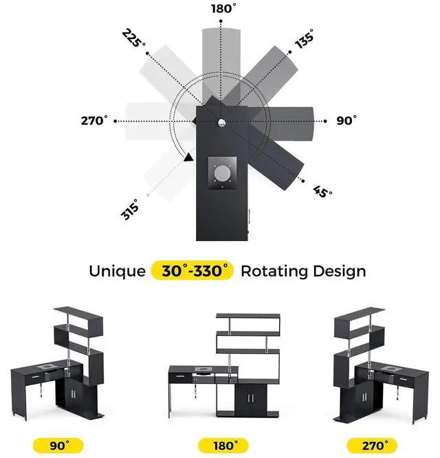 Alt view image 3 of 7 - Manicure Table Nail Desk with Stool, Rotating L-Shaped Nail Tech Desk with Dust Collector, Two-Way Drawer, Cabinet & Storage Shelves, Reversible Manicure Workstation on Wheels (Black)