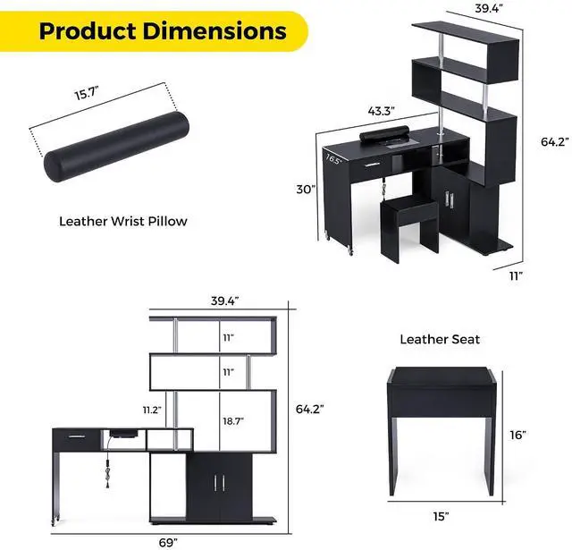 Alt view image 2 of 7 - Manicure Table Nail Desk with Stool, Rotating L-Shaped Nail Tech Desk with Dust Collector, Two-Way Drawer, Cabinet & Storage Shelves, Reversible Manicure Workstation on Wheels (Black)