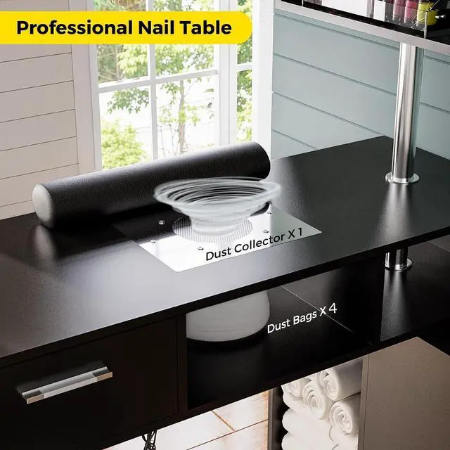 Alt view image 4 of 7 - Manicure Table Nail Desk with Stool, Rotating L-Shaped Nail Tech Desk with Dust Collector, Two-Way Drawer, Cabinet & Storage Shelves, Reversible Manicure Workstation on Wheels (Black)