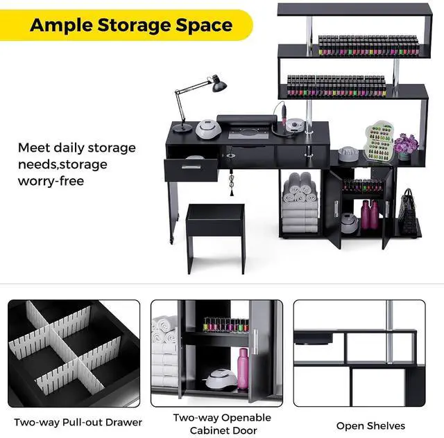 Alt view image 5 of 7 - Manicure Table Nail Desk with Stool, Rotating L-Shaped Nail Tech Desk with Dust Collector, Two-Way Drawer, Cabinet & Storage Shelves, Reversible Manicure Workstation on Wheels (Black)