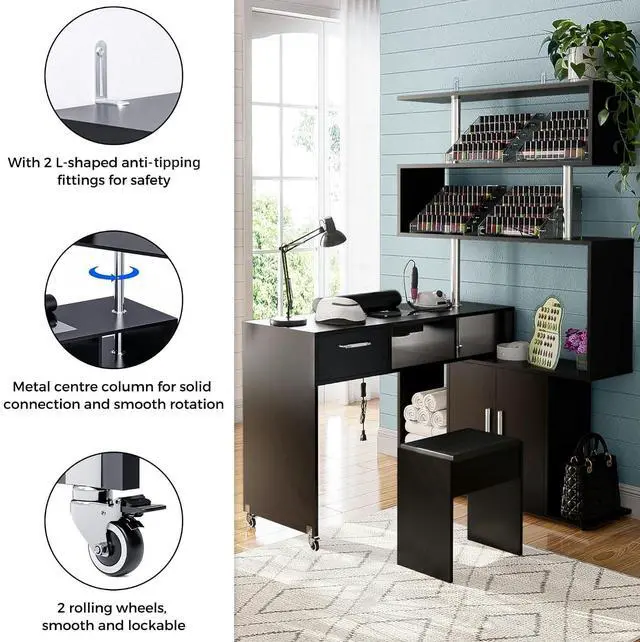Alt view image 7 of 7 - Manicure Table Nail Desk with Stool, Rotating L-Shaped Nail Tech Desk with Dust Collector, Two-Way Drawer, Cabinet & Storage Shelves, Reversible Manicure Workstation on Wheels (Black)