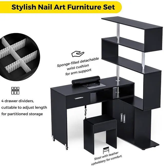 Alt view image 6 of 7 - Manicure Table Nail Desk with Stool, Rotating L-Shaped Nail Tech Desk with Dust Collector, Two-Way Drawer, Cabinet & Storage Shelves, Reversible Manicure Workstation on Wheels (Black)
