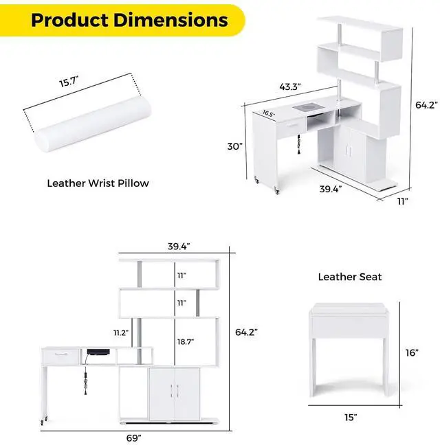Alt view image 2 of 7 - Manicure Table Nail Desk with Dust Collector, L-Shaped Nail Tech Desk with Stool, Two-Way Drawer, Cabinet & Storage Shelves, Rotating Reversible Manicure Workstation on Wheels (White)