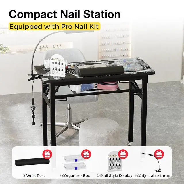 Alt view image 4 of 7 - Portable Foldable Manicure Table with Dust Collector, Rolling Nail Tech Desk with LED Lamp, Wrist Rest, Lockable Wheels & Carrying Case for Home Salon, Travel & Mobile Nail Techs (Black White Wave)