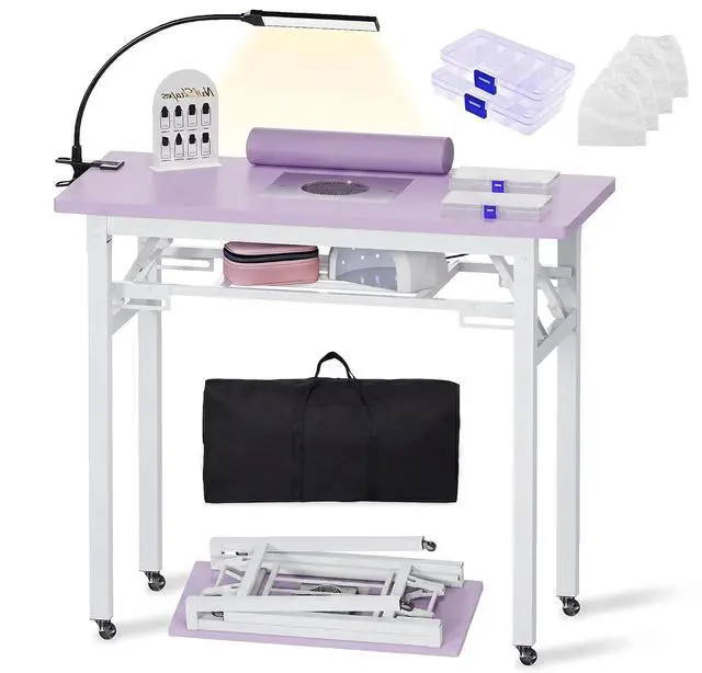 Main image of Portable Foldable Manicure Table with Dust Collector, Rolling Nail Tech Desk with LED Lamp, Wrist Rest, Lockable Wheels & Carrying Case for Home Salon, Travel & Mobile Nail Techs (Purple)