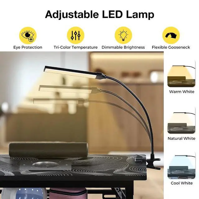 Alt view image 7 of 7 - Portable Foldable Manicure Table with Dust Collector, Rolling Nail Tech Desk with LED Lamp, Wrist Rest, Lockable Wheels & Carrying Case for Home Salon, Travel & Mobile Nail Techs (Black White Wave)