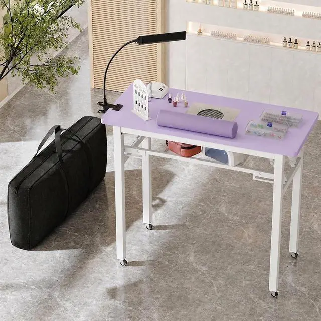 Alt view image 2 of 7 - Portable Foldable Manicure Table with Dust Collector, Rolling Nail Tech Desk with LED Lamp, Wrist Rest, Lockable Wheels & Carrying Case for Home Salon, Travel & Mobile Nail Techs (Purple)
