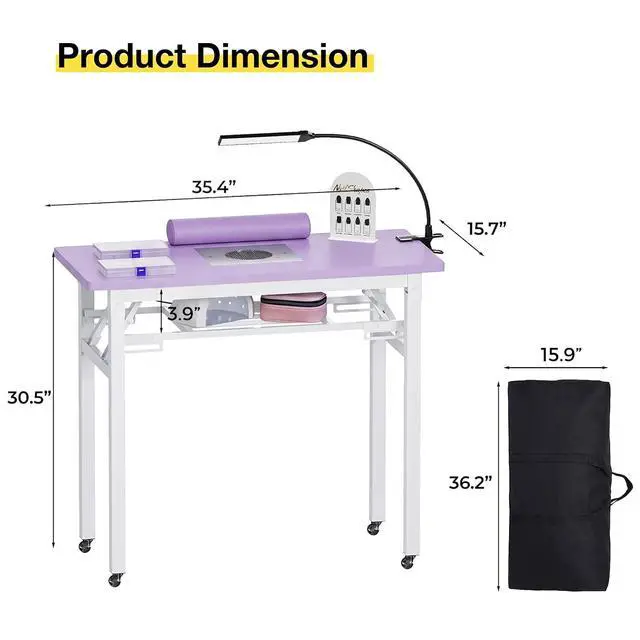Alt view image 3 of 7 - Portable Foldable Manicure Table with Dust Collector, Rolling Nail Tech Desk with LED Lamp, Wrist Rest, Lockable Wheels & Carrying Case for Home Salon, Travel & Mobile Nail Techs (Purple)