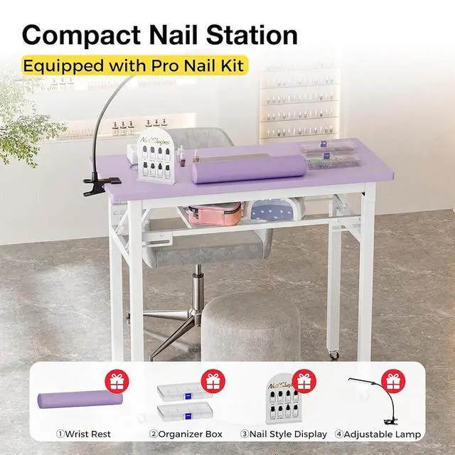 Alt view image 4 of 7 - Portable Foldable Manicure Table with Dust Collector, Rolling Nail Tech Desk with LED Lamp, Wrist Rest, Lockable Wheels & Carrying Case for Home Salon, Travel & Mobile Nail Techs (Purple)