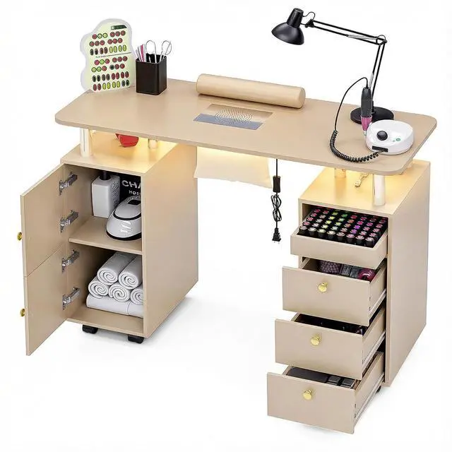 Main image of Nail Desk for Nail Tech w/Electric Dust Collector, Rolling Manicure Table w/ Lockable Wheels, Storage Drawers, Wrist Cushion, Acetone Resistant, for Beauty Salon Workstation (Champagne+Gold Handle)