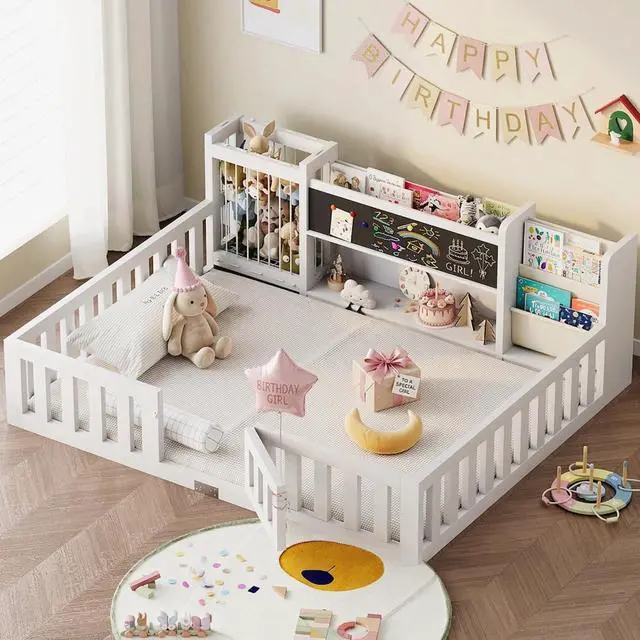 Main image of Montessori Wood Toddler Floor Bed with Door, Safety Guard Rails, Blackboard, Bedside Bookshelf & Plush Toy Storage, Low Kids Bed Frame for Boys and GirlsWhite Full