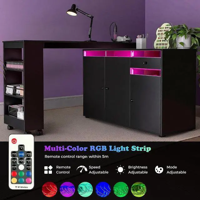 Alt view image 5 of 7 - L-Shaped Manicure Table with Storage Cabinet, Drawer & Shelf, Rotating & Convertible Nail Tech Desk, Modern Nail Salon Table with LED Light, Black
