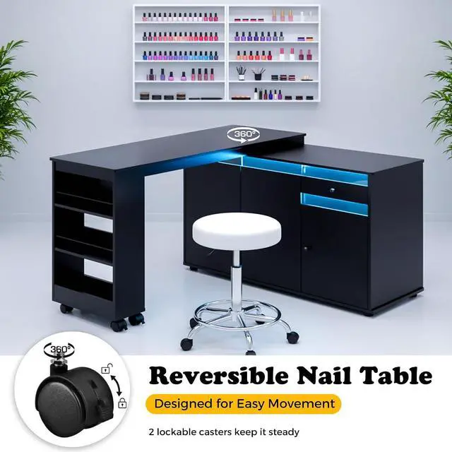 Alt view image 6 of 7 - L-Shaped Manicure Table with Storage Cabinet, Drawer & Shelf, Rotating & Convertible Nail Tech Desk, Modern Nail Salon Table with LED Light, Black