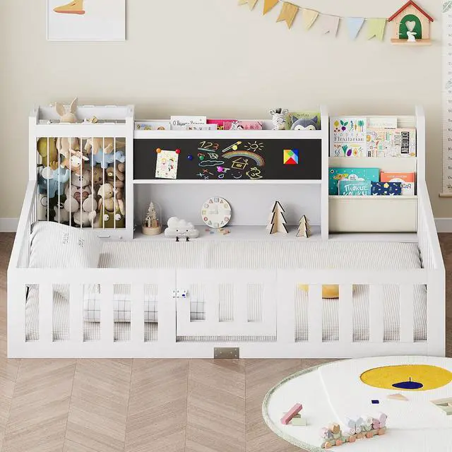Alt view image 3 of 7 - Montessori Wood Toddler Floor Bed with Door, Safety Guard Rails, Blackboard, Bedside Bookshelf & Plush Toy Storage, Low Kids Bed Frame for Boys and GirlsWhite Full