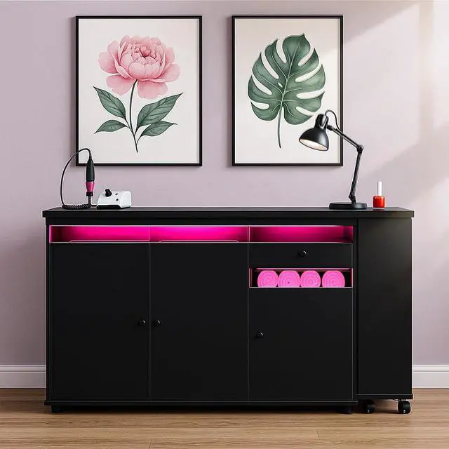 Alt view image 7 of 7 - L-Shaped Manicure Table with Storage Cabinet, Drawer & Shelf, Rotating & Convertible Nail Tech Desk, Modern Nail Salon Table with LED Light, Black