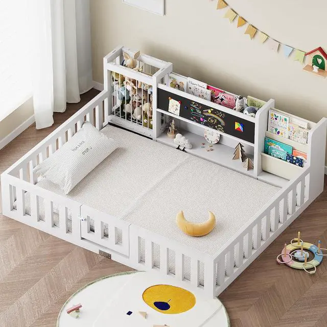 Alt view image 3 of 7 - Montessori Wood Toddler Floor Bed with Door, Safety Guard Rails, Blackboard, Bedside Bookshelf & Plush Toy Storage, Low Kids Bed Frame for Boys and GirlsWhite Twin