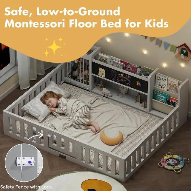 Alt view image 6 of 7 - Montessori Wood Toddler Floor Bed with Door, Safety Guard Rails, Blackboard, Bedside Bookshelf & Plush Toy Storage, Low Kids Bed Frame for Boys and GirlsWhite Full