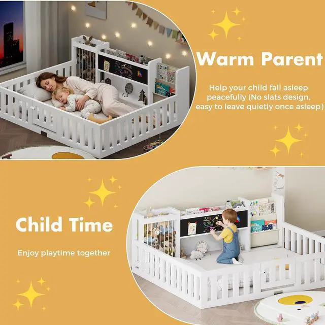 Alt view image 7 of 7 - Montessori Wood Toddler Floor Bed with Door, Safety Guard Rails, Blackboard, Bedside Bookshelf & Plush Toy Storage, Low Kids Bed Frame for Boys and GirlsWhite Full