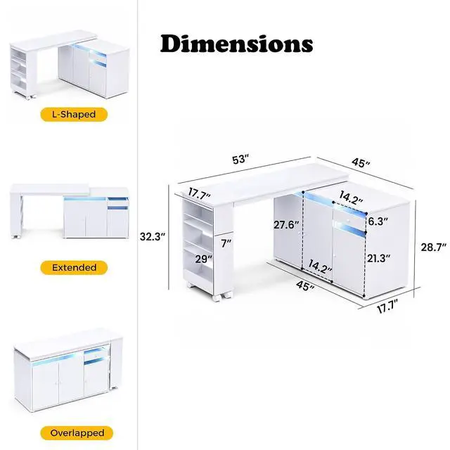 Alt view image 2 of 7 - L-Shaped Manicure Table with Storage Cabinet, Drawer & Shelf, Rotating & Convertible Nail Tech Desk, Modern Nail Salon Table with LED Light, White