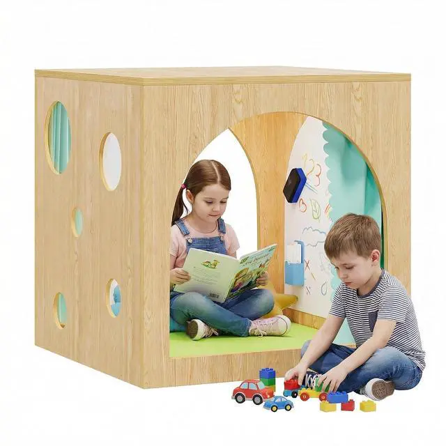 Main image of Kids Porthole Cube Cozy Corner, Wooden Montessori Playhouse with Curtain & Soft Cushion, Quiet Reading Nook for Preschool & Daycare (Green, 30-inch)