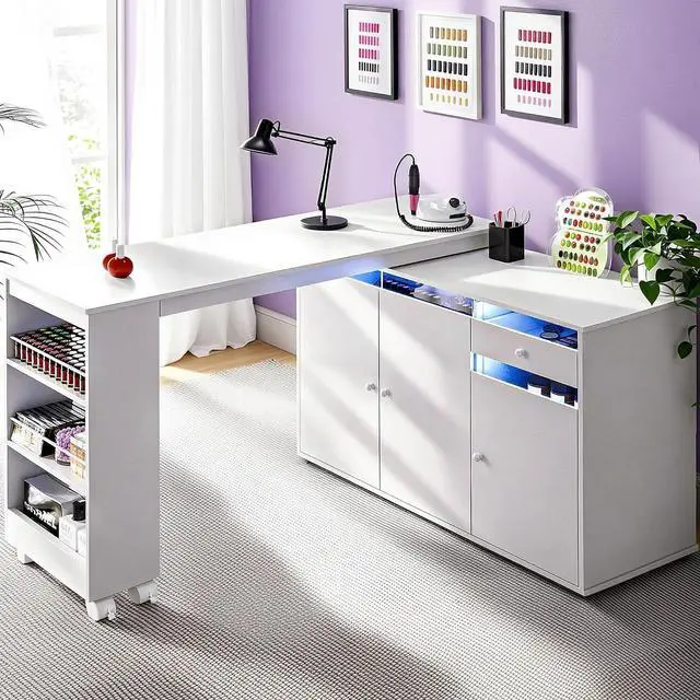 Main image of L-Shaped Manicure Table with Storage Cabinet, Drawer & Shelf, Rotating & Convertible Nail Tech Desk, Modern Nail Salon Table with LED Light, White