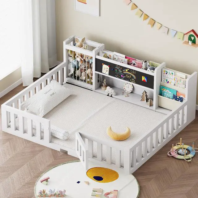 Alt view image 4 of 7 - Montessori Wood Toddler Floor Bed with Door, Safety Guard Rails, Blackboard, Bedside Bookshelf & Plush Toy Storage, Low Kids Bed Frame for Boys and GirlsWhite Full
