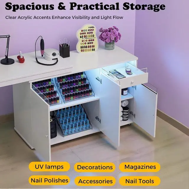 Alt view image 3 of 7 - L-Shaped Manicure Table with Storage Cabinet, Drawer & Shelf, Rotating & Convertible Nail Tech Desk, Modern Nail Salon Table with LED Light, White