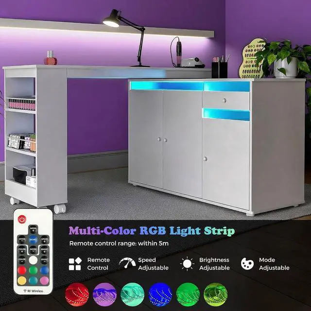 Alt view image 5 of 7 - L-Shaped Manicure Table with Storage Cabinet, Drawer & Shelf, Rotating & Convertible Nail Tech Desk, Modern Nail Salon Table with LED Light, White