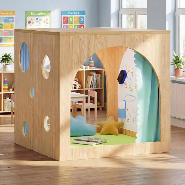 Alt view image 2 of 7 - Kids Porthole Cube Cozy Corner, Wooden Montessori Playhouse with Curtain & Soft Cushion, Quiet Reading Nook for Preschool & Daycare (Green, 30-inch)