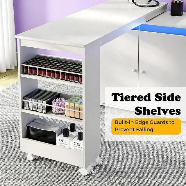 Alt view image 4 of 7 - L-Shaped Manicure Table with Storage Cabinet, Drawer & Shelf, Rotating & Convertible Nail Tech Desk, Modern Nail Salon Table with LED Light, White