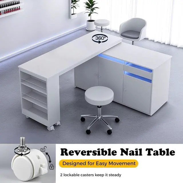 Alt view image 6 of 7 - L-Shaped Manicure Table with Storage Cabinet, Drawer & Shelf, Rotating & Convertible Nail Tech Desk, Modern Nail Salon Table with LED Light, White