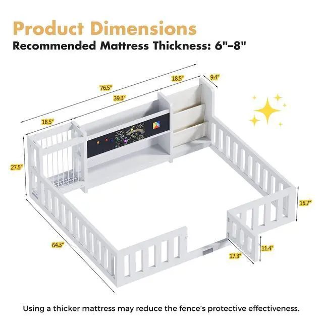 Alt view image 2 of 7 - Montessori Wood Toddler Floor Bed with Door, Safety Guard Rails, Blackboard, Bedside Bookshelf & Plush Toy Storage, Low Kids Bed Frame for Boys and GirlsWhite Full