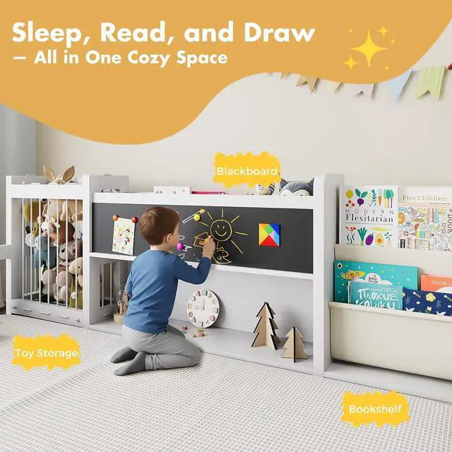 Alt view image 5 of 7 - Montessori Wood Toddler Floor Bed with Door, Safety Guard Rails, Blackboard, Bedside Bookshelf & Plush Toy Storage, Low Kids Bed Frame for Boys and GirlsWhite Full