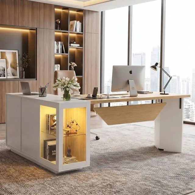 Main image of 74.4" L-Shaped Executive Desk w/ Power Outlets & Glass Display Cabinet, Large Office Desk w/ 3 Drawers & File Cabinet, Corner Computer Desk Business Workstation for Home Office (White + Light Wood)