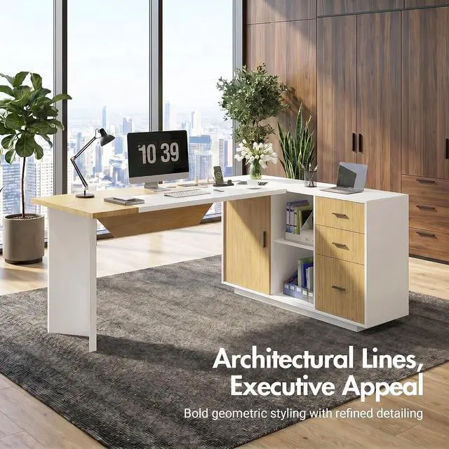 Alt view image 3 of 7 - 74.4" L-Shaped Executive Desk w/ Power Outlets & Glass Display Cabinet, Large Office Desk w/ 3 Drawers & File Cabinet, Corner Computer Desk Business Workstation for Home Office (White + Light Wood)