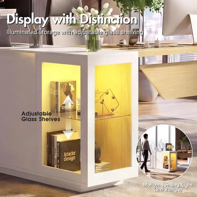 Alt view image 6 of 7 - 74.4" L-Shaped Executive Desk w/ Power Outlets & Glass Display Cabinet, Large Office Desk w/ 3 Drawers & File Cabinet, Corner Computer Desk Business Workstation for Home Office (White + Light Wood)