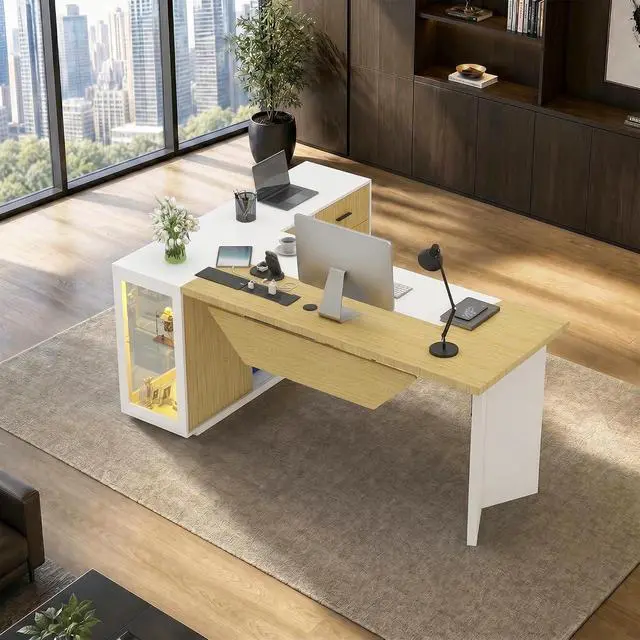 Alt view image 5 of 7 - 74.4" L-Shaped Executive Desk w/ Power Outlets & Glass Display Cabinet, Large Office Desk w/ 3 Drawers & File Cabinet, Corner Computer Desk Business Workstation for Home Office (White + Light Wood)