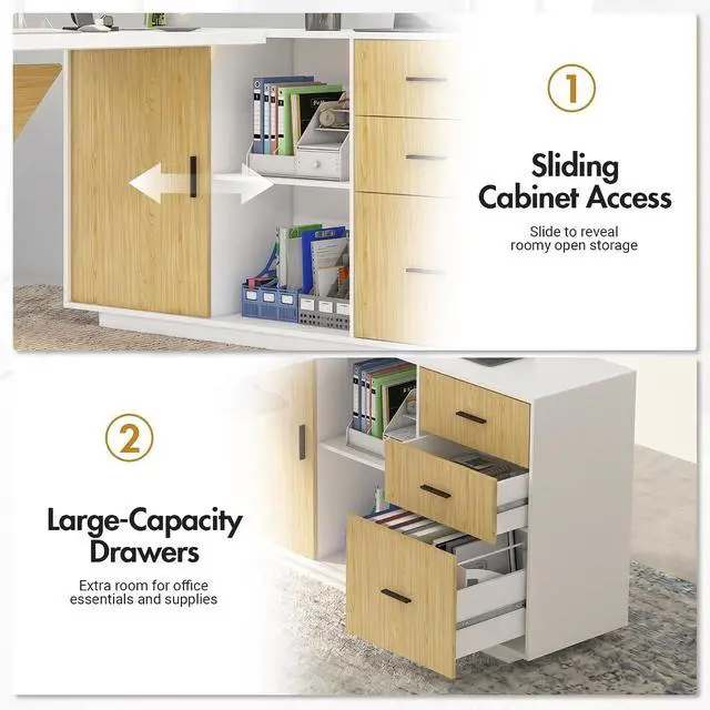 Alt view image 7 of 7 - 74.4" L-Shaped Executive Desk w/ Power Outlets & Glass Display Cabinet, Large Office Desk w/ 3 Drawers & File Cabinet, Corner Computer Desk Business Workstation for Home Office (White + Light Wood)