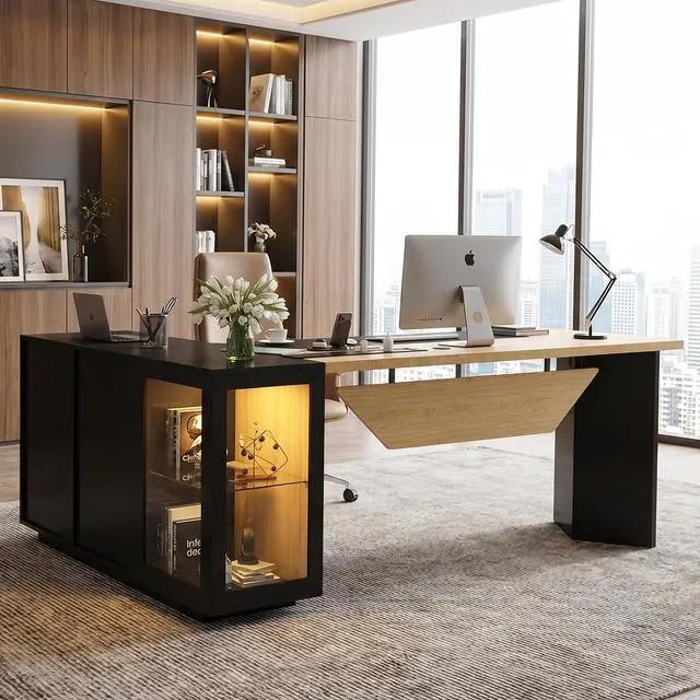 Main image of 74.4" L-Shaped Executive Desk w/ Power Outlets & Glass Display Cabinet, Large Office Desk w/ 3 Drawers & File Cabinet, Corner Computer Desk Business Workstation for Home Office (Black + Light Wood)
