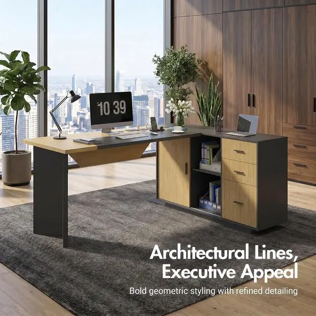 Alt view image 3 of 7 - 74.4" L-Shaped Executive Desk w/ Power Outlets & Glass Display Cabinet, Large Office Desk w/ 3 Drawers & File Cabinet, Corner Computer Desk Business Workstation for Home Office (Black + Light Wood)