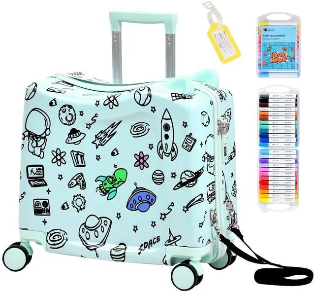 Main image of Kids Ride-On Suitcase with Cute Ears, 20" Carry-On Luggage with TSA Lock | DIY Coloring Design, 4 Spinner Wheels, Pull Rope, Foot Pedal, Lightweight & Durable Shell, Stable Ride Design