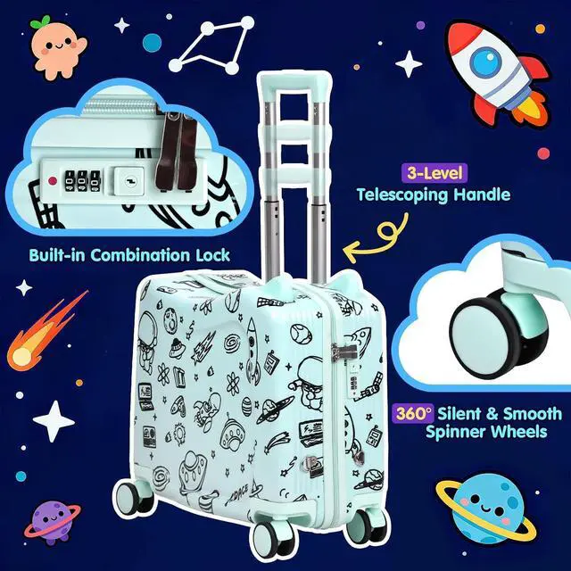 Alt view image 2 of 7 - Kids Ride-On Suitcase with Cute Ears, 20" Carry-On Luggage with TSA Lock | DIY Coloring Design, 4 Spinner Wheels, Pull Rope, Foot Pedal, Lightweight & Durable Shell, Stable Ride Design
