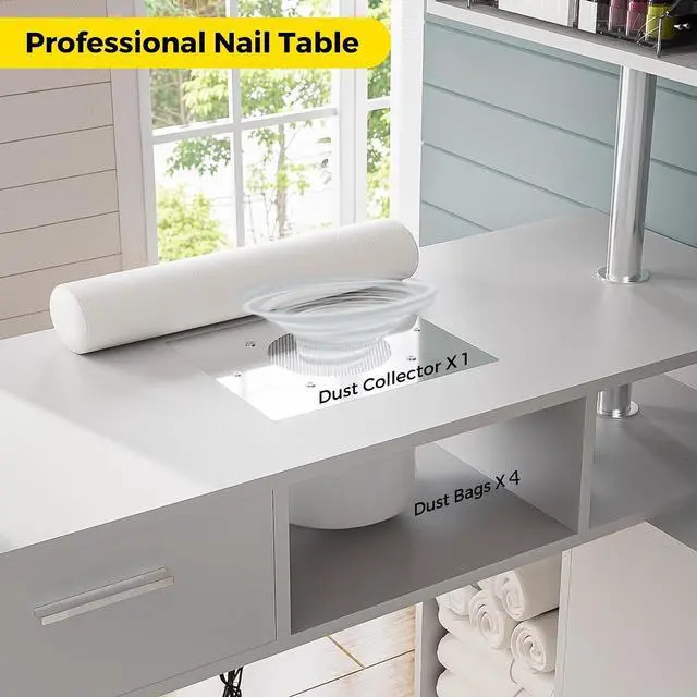 Alt view image 3 of 7 - Manicure Table Nail Desk with Dust Collector, L-Shaped Nail Tech Desk with Stool, Two-Way Drawer, Cabinet & Storage Shelves, Rotating Reversible Manicure Workstation on Wheels (White)