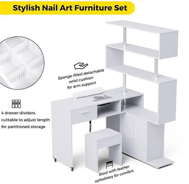 Alt view image 4 of 7 - Manicure Table Nail Desk with Dust Collector, L-Shaped Nail Tech Desk with Stool, Two-Way Drawer, Cabinet & Storage Shelves, Rotating Reversible Manicure Workstation on Wheels (White)