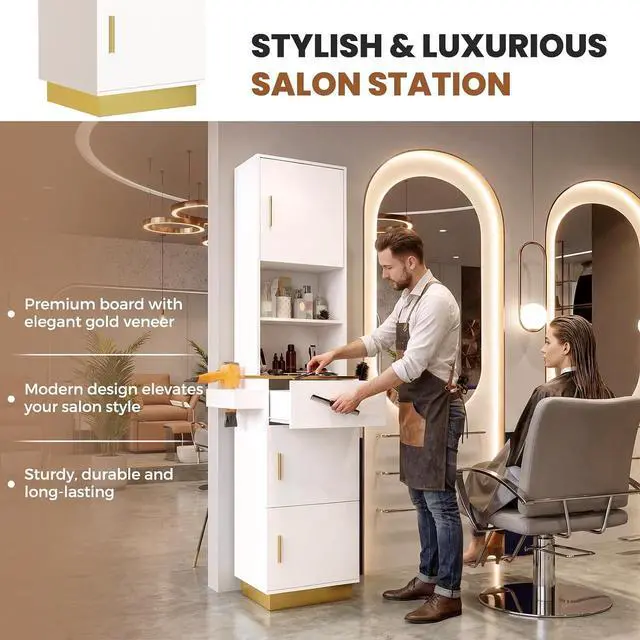 Alt view image 7 of 7 - Tall Hair Salon Station for Hair Stylist with Storage (White) | 6 Tools Holders, a Drawer, 2 Open Shelves, 3 Large Storage Cabinets
