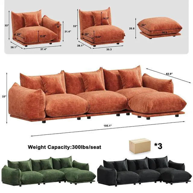 Alt view image 2 of 7 - Chenille Modular Sectional Sofa, Minimalist Cloud Couch with Ottoman | Flexible Configurations, Cloud-Like Comfort, Deep Seating, Pet-Friendly Upholstery, Durable Frame Support, Easy Assembly